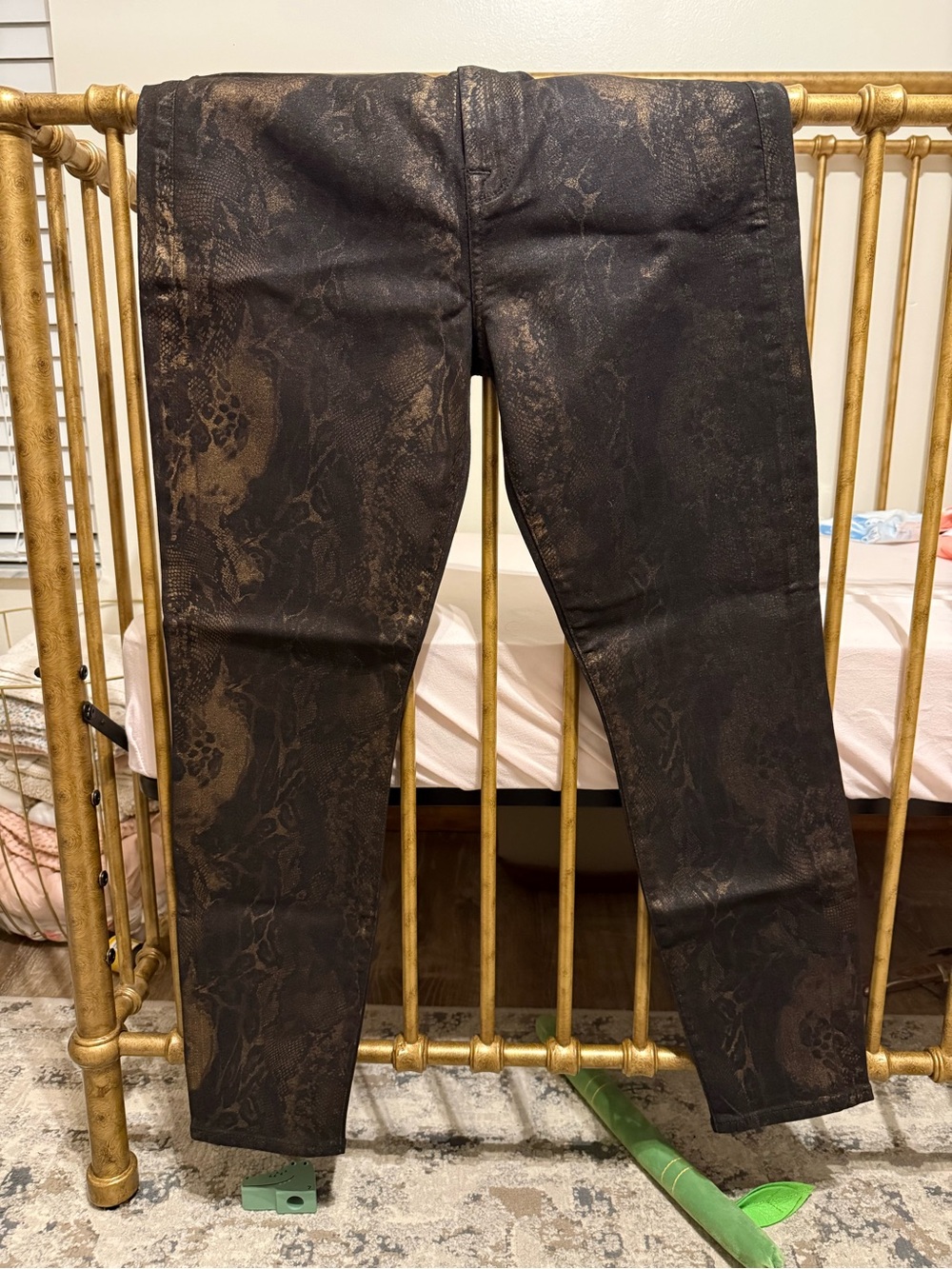7 For All Mankind Black with Bronze Snake-Print Skinny Jeans